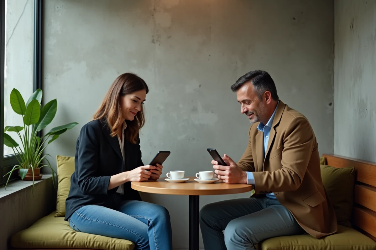 Deux collègues faisant une pause café ensemble en consultant chacun leur téléphone dans un espace de détente de bureau moderne