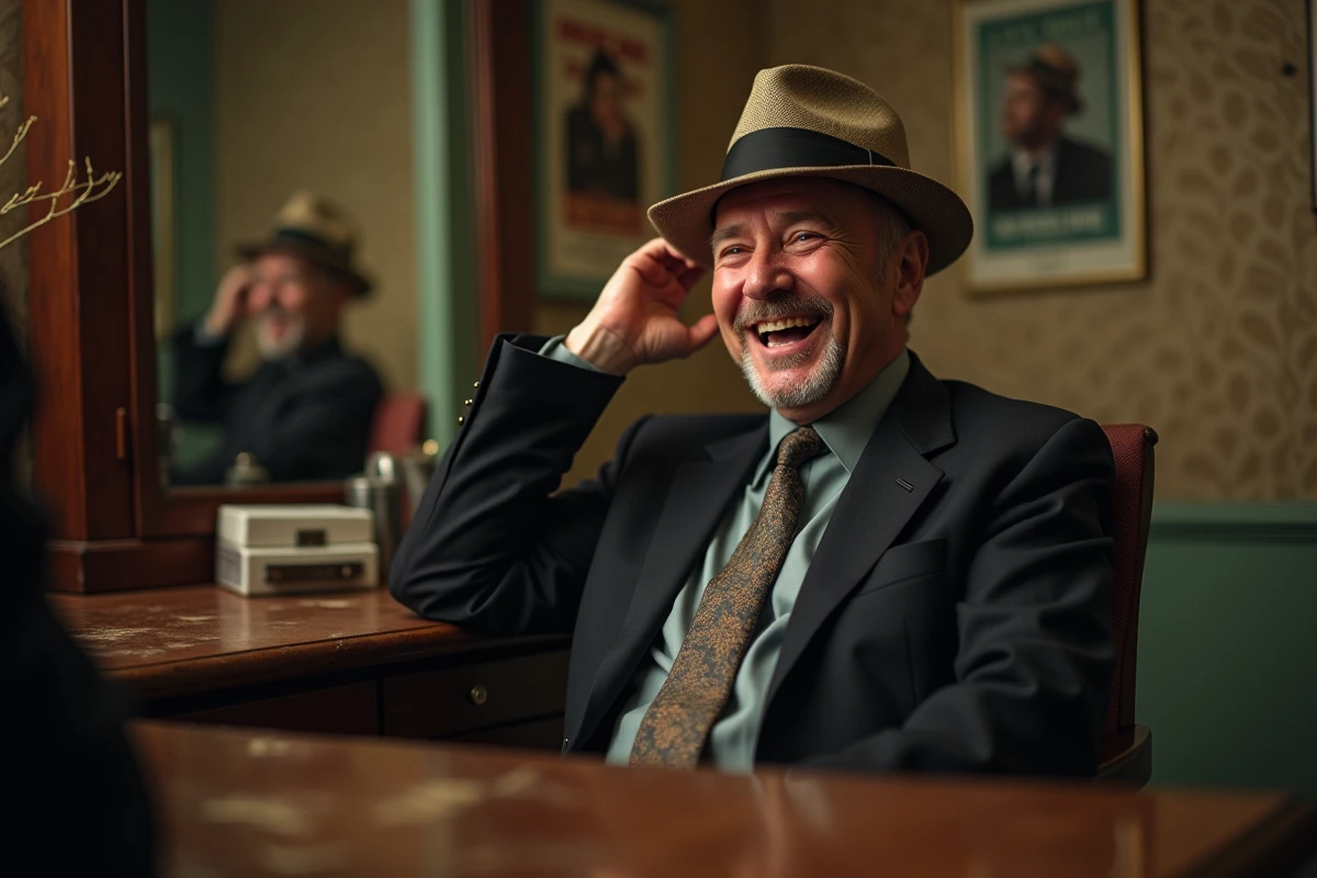 Comédien homme en costume vintage et fedora souriant
