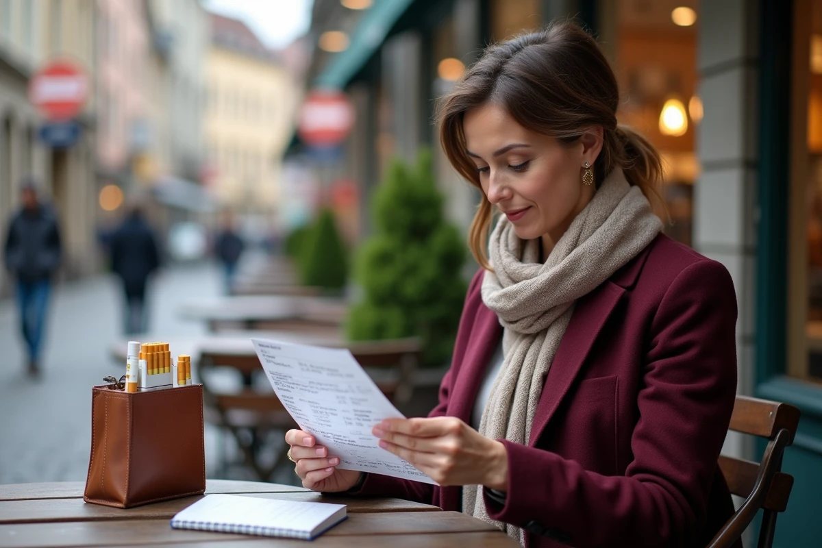 Femme comparant les prix de cartouches de tabac achetées au Luxembourg, assise en terrasse avec ses notes de voyage
