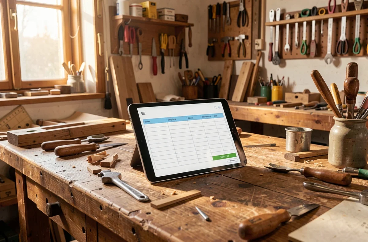 Comptoir d'un petit atelier avec une tablette de suivi des ventes