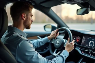 Jeune homme au volant d'une voiture moderne et connectée