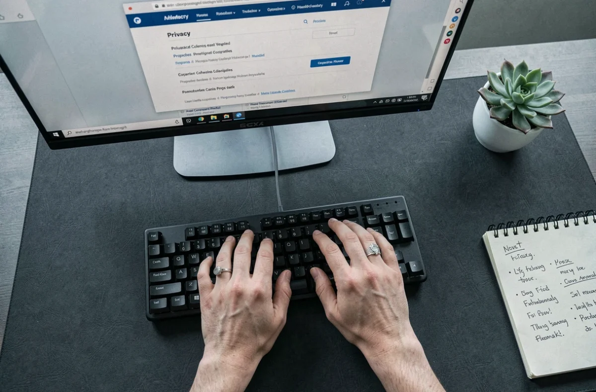 Mains configurant les paramètres de proxy et de confidentialité sur un ordinateur de bureau pour accéder à un site bloqué