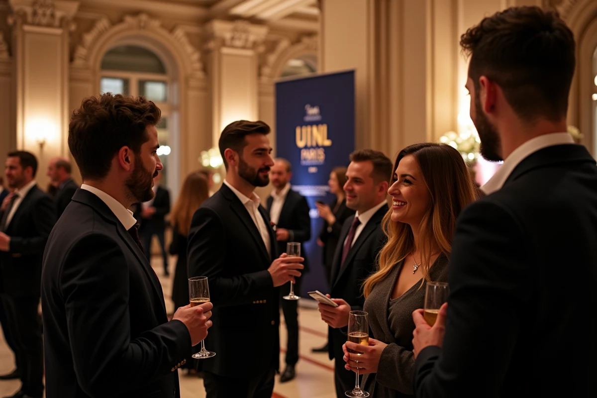 Cocktail de networking entre notaires internationaux lors du Congrès UINL Paris 2026 dans un espace patrimonial parisien