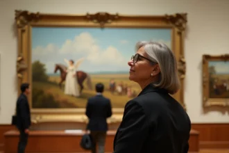 Conservatrice de musée observant le tableau American Progress de John Gast dans une galerie d'art