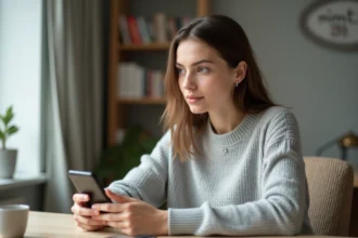 Jeune femme utilisant un correcteur d'orthographe sur smartphone pour soigner ses publications sur les réseaux sociaux