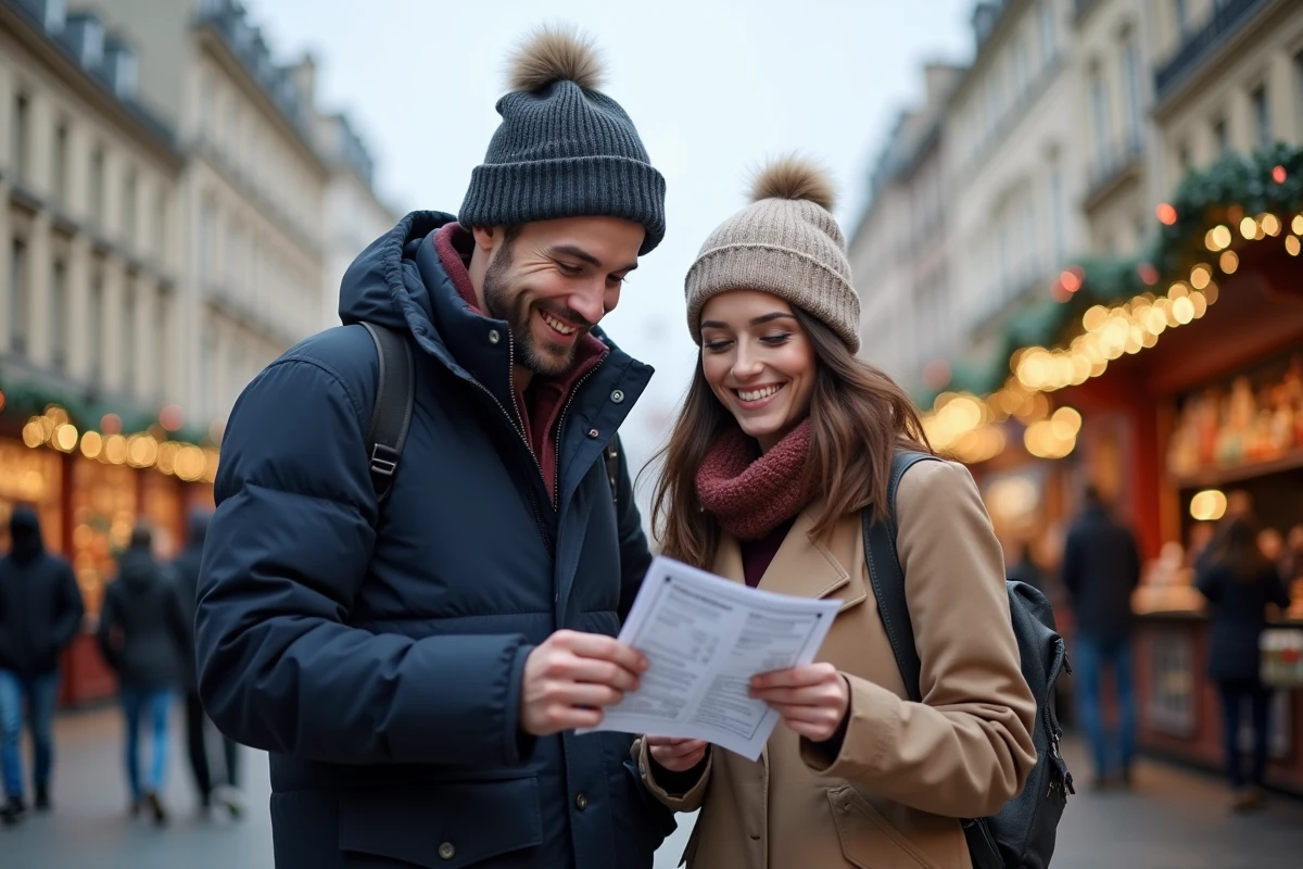Jeune couple souriant dans le marché de Noël à Lyon