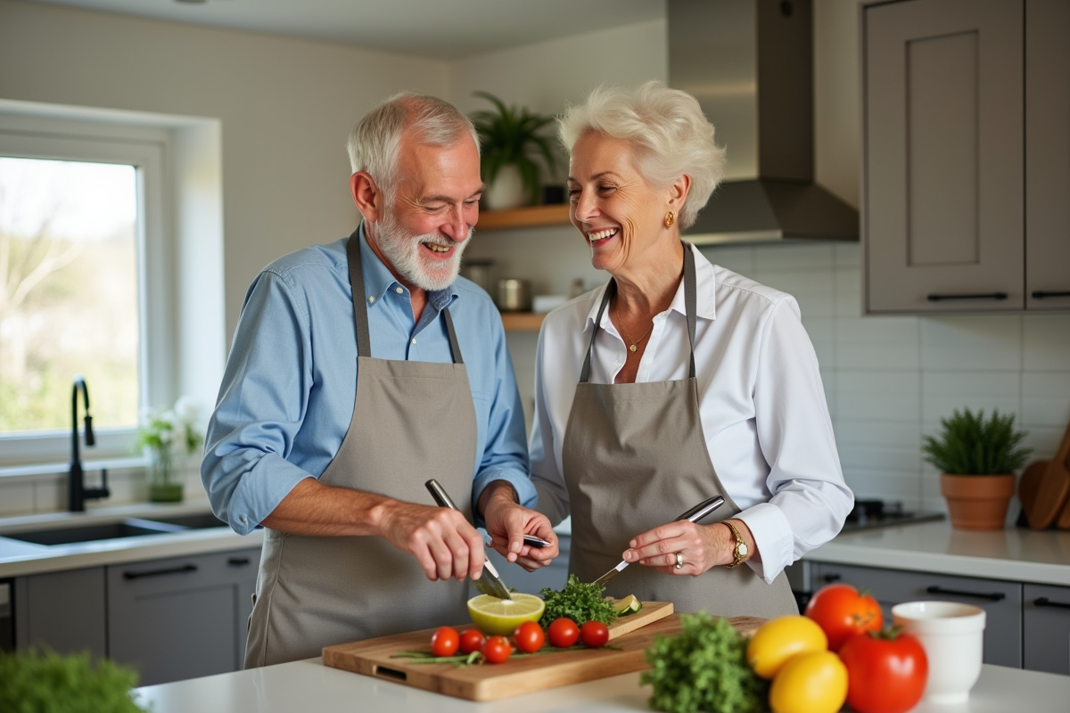 Couple senior cuisinant ensemble dans une cuisine lumineuse