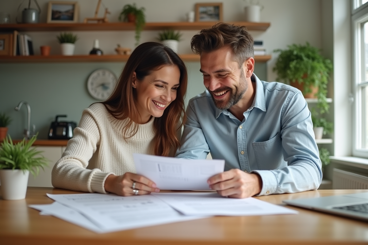 Couple souriant examinant des documents immobiliers à la maison