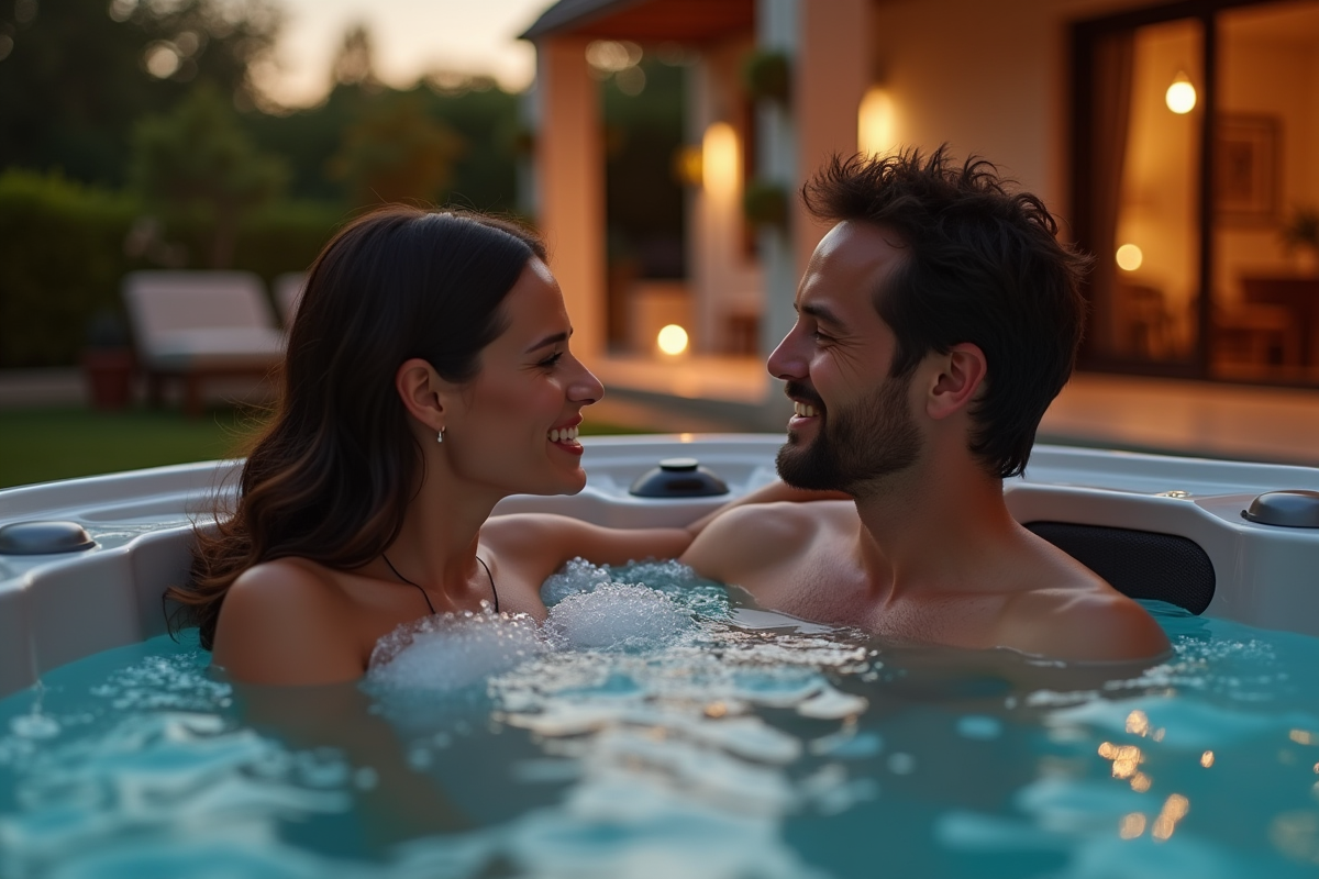 Couple profitant d’un jacuzzi romantique au crépuscule