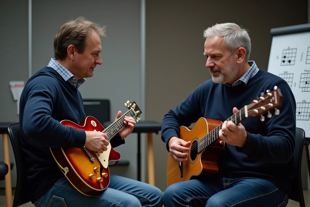 Professeur de guitare expliquant la technique du barré B7 à un élève dans une salle de cours musicale