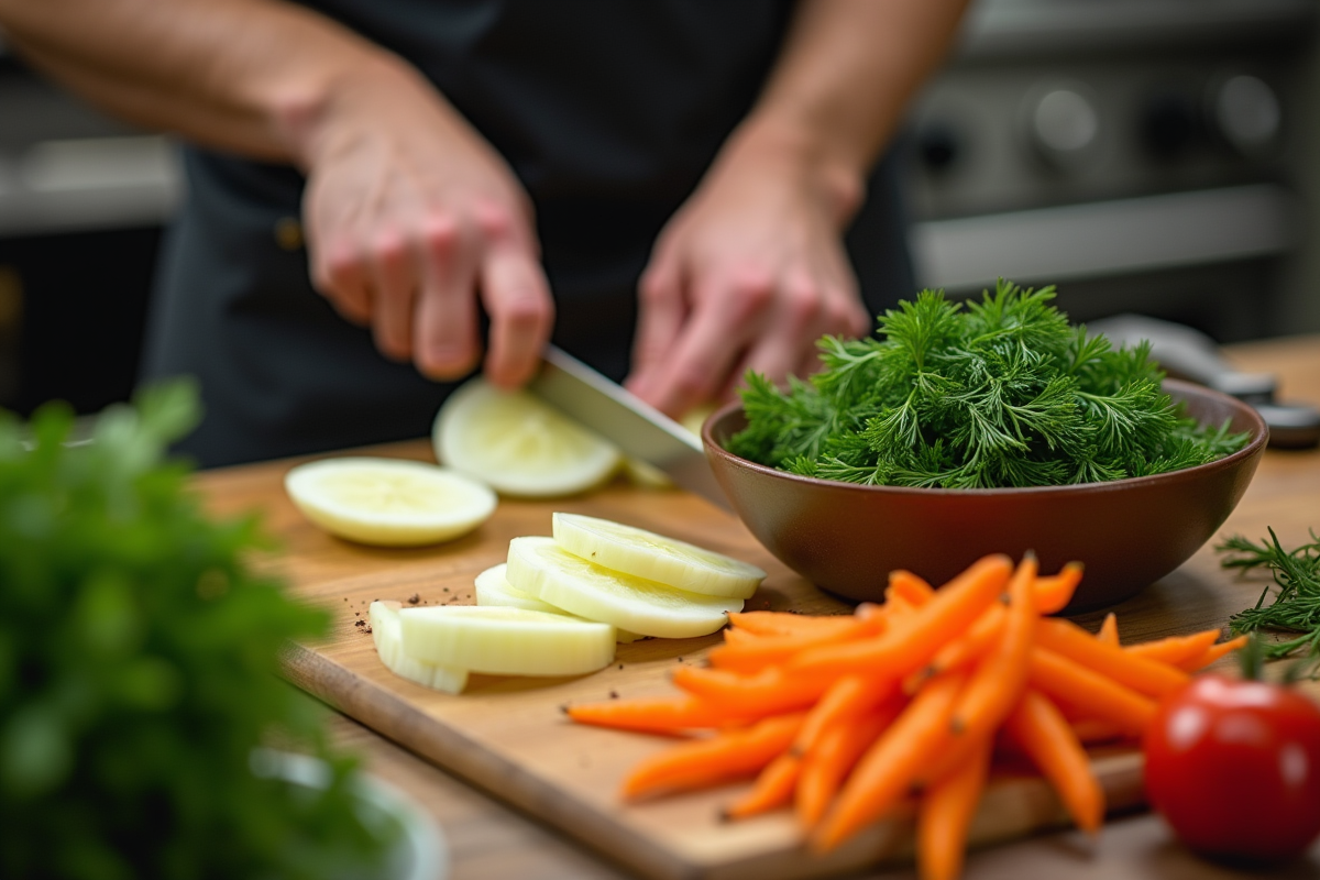 Chef coupant daikon et dandelion dans la cuisine moderne