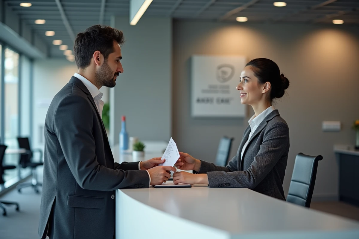 Homme remettant un document de désinscription à un conseiller France Travail dans une agence pour l'emploi