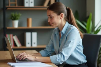 Femme consultant son ordinateur portable pour effectuer sa désinscription de France Travail après avoir retrouvé un emploi