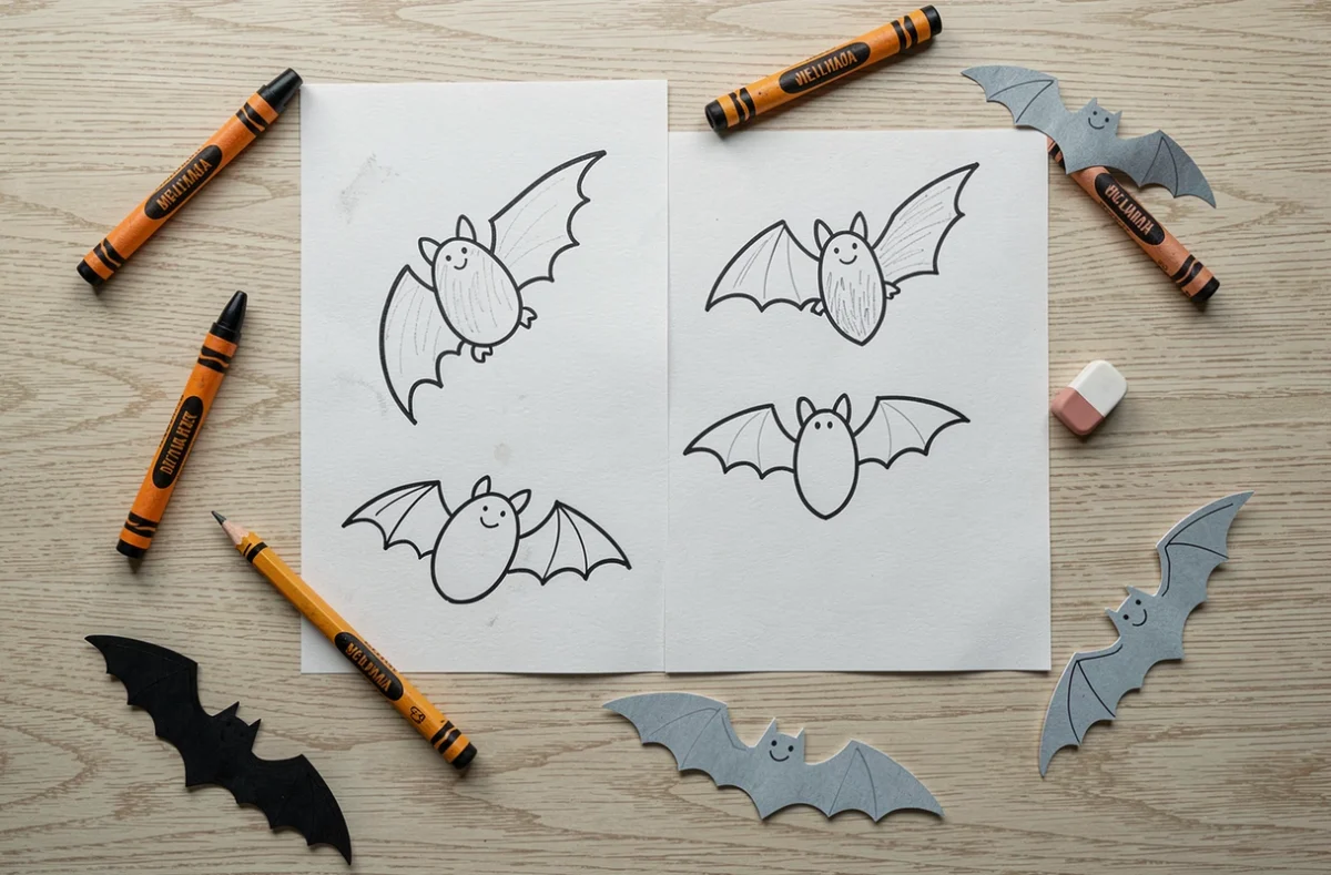 Vue de dessus de dessins de chauves-souris faits par des enfants de maternelle avec des crayons noirs et oranges sur un bureau en bois