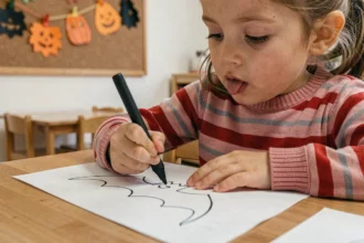 Petite fille en maternelle qui trace un dessin de chauve-souris simple sur du papier blanc avec un crayon noir épais