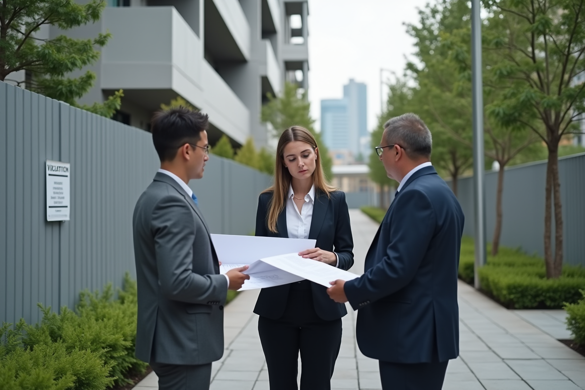 Femme professionnelle discutant avec couple devant immeuble urbain