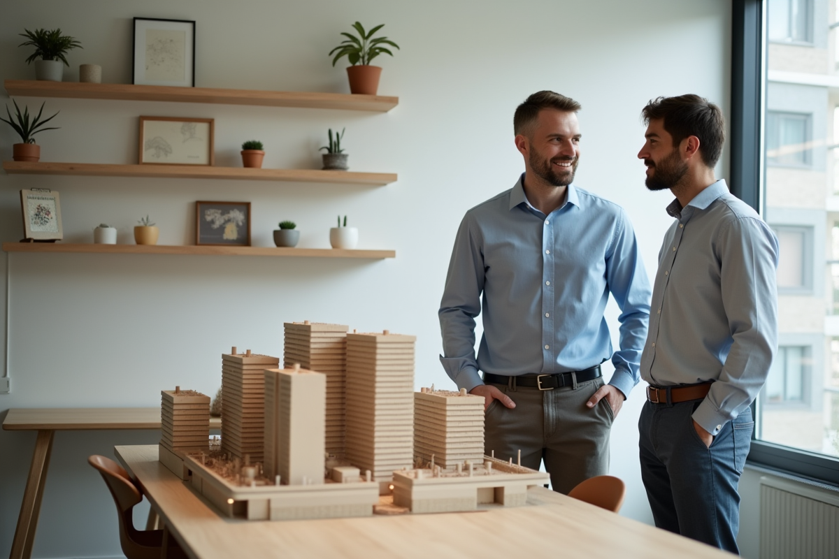 Deux hommes discutant près d un modele d appartements urbains