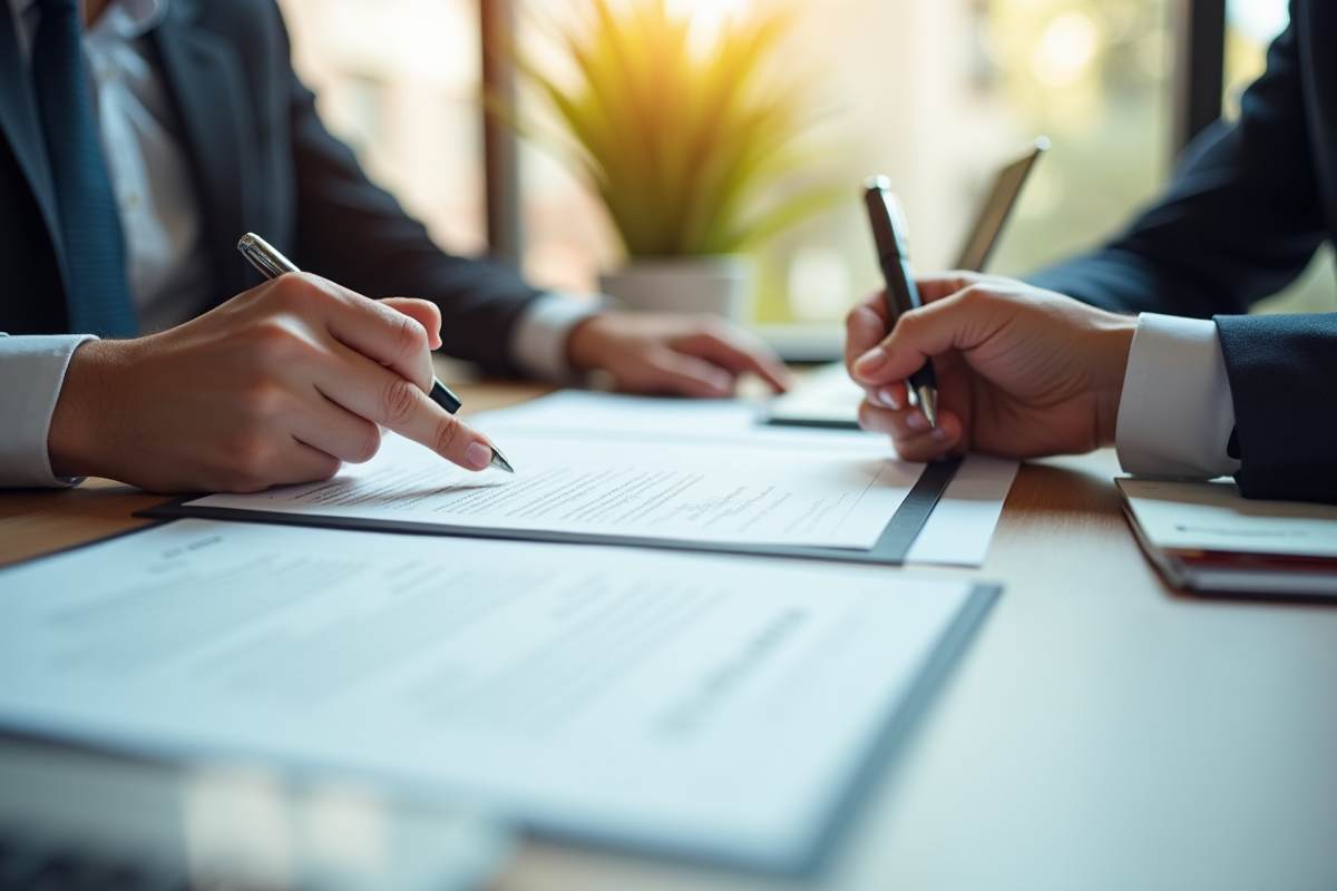 Échange de contrats et documents officiels sur un bureau lumineux
