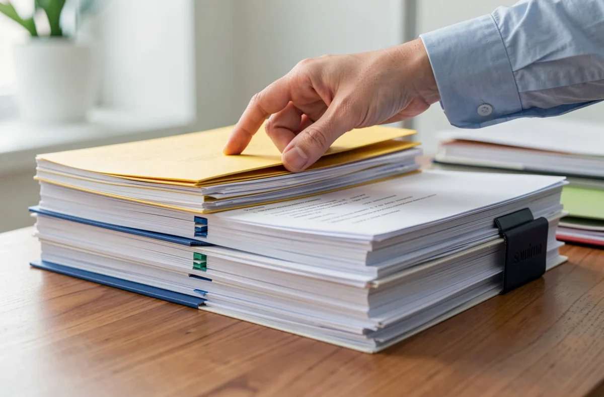 Dossiers administratifs triés sur un bureau en bois