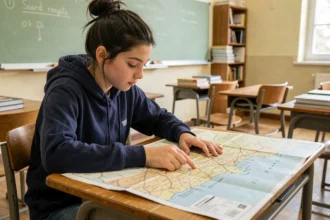 Élève de lycée étudiant une carte géographique de la Normandie posée sur un bureau en bois dans une salle de classe française