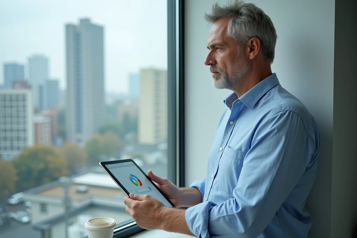 Employé en pause avec un café et une tablette affichant un moteur de recherche, devant une fenêtre de bureau avec vue urbaine