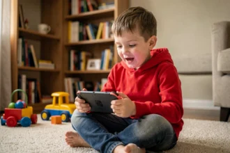 Enfant jouant à un jeu Pokémon sur Nintendo Switch dans un salon familial