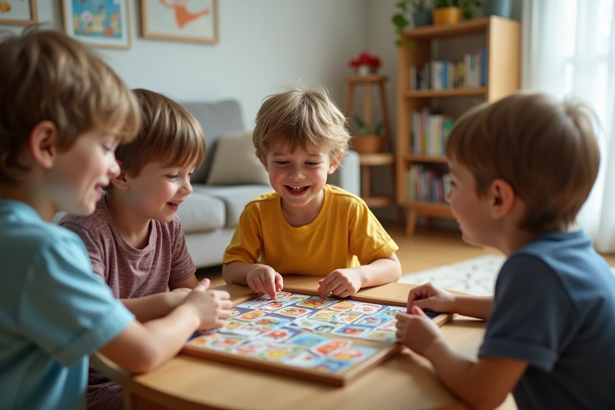 Enfants jouant à un jeu de société coloré dans un salon lumineux