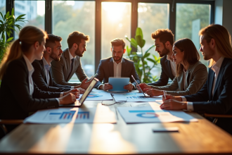 Équipe de professionnels analysant des graphiques lors d'une réunion