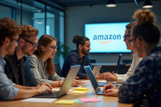 Groupe de professionnels innovants en réunion dans un bureau moderne avec logo Amazon