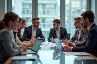 Groupe de professionnels en réunion dans un bureau lumineux