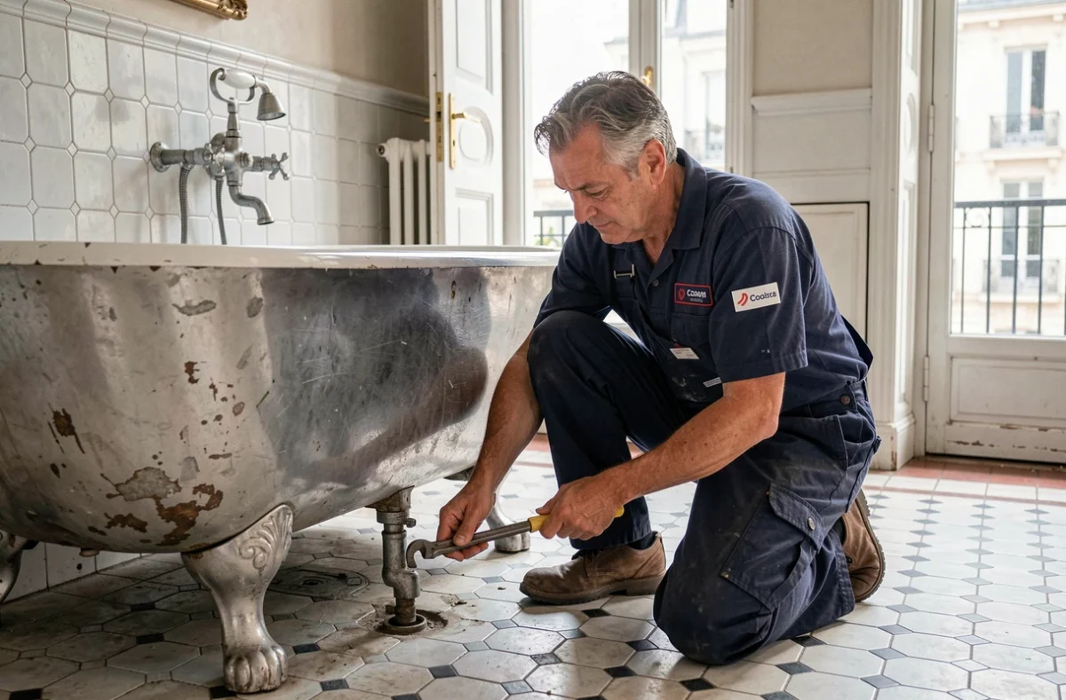 Plombier de l'Établissement Victor réparant une baignoire ancienne dans un appartement à Saint-Maur-des-Fossés
