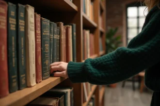 Étagère en bois remplie de livres fantasy usés avec une main posée dessus, ambiance chaleureuse de bibliothèque personnelle