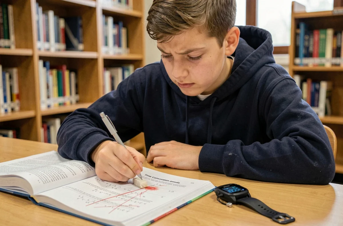 Étudiant en bibliothèque corrigeant des erreurs de conversion minutes heures sur une feuille de travail