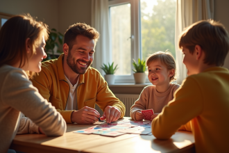 Famille jouant au Nain Jaune dans une salle lumineuse