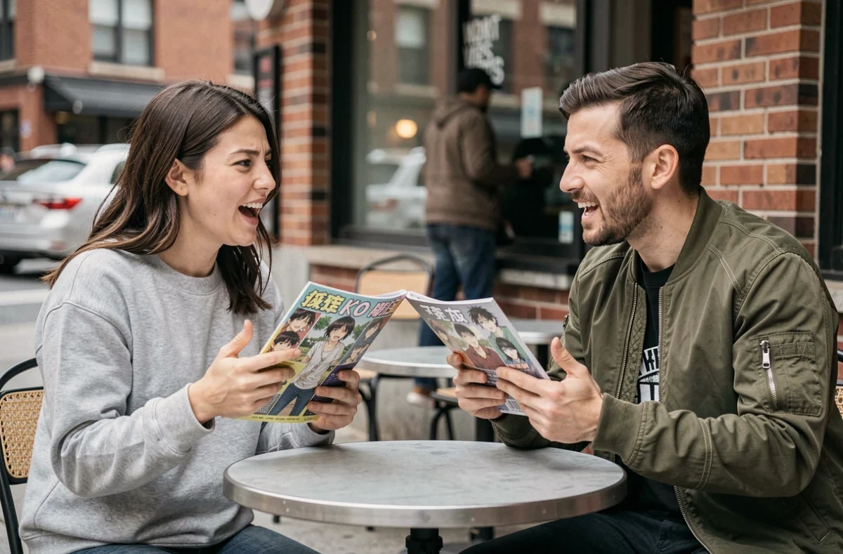 Deux fans de One Piece en pleine discussion animée sur les révélations du scan 1138 dans un café urbain