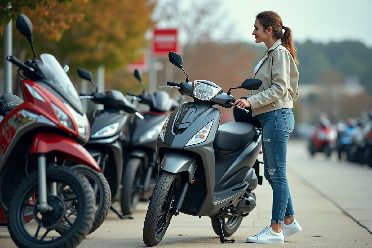 Femme regardant une moto dans un concessionnaire