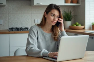 Femme qui appelle le service client Amazon depuis chez elle pour un remboursement, assise devant son ordinateur portable