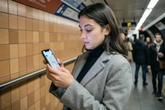 Femme consultant une application de plan de métro sur smartphone dans une station de métro de Lyon