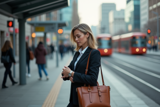 Femme d affaires attend tram urbain en ville