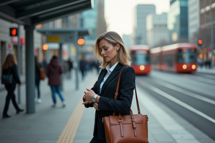Femme d affaires attend tram urbain en ville