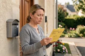 Femme examinant un avis de passage de lettre recommandée 2C devant sa porte d'entrée