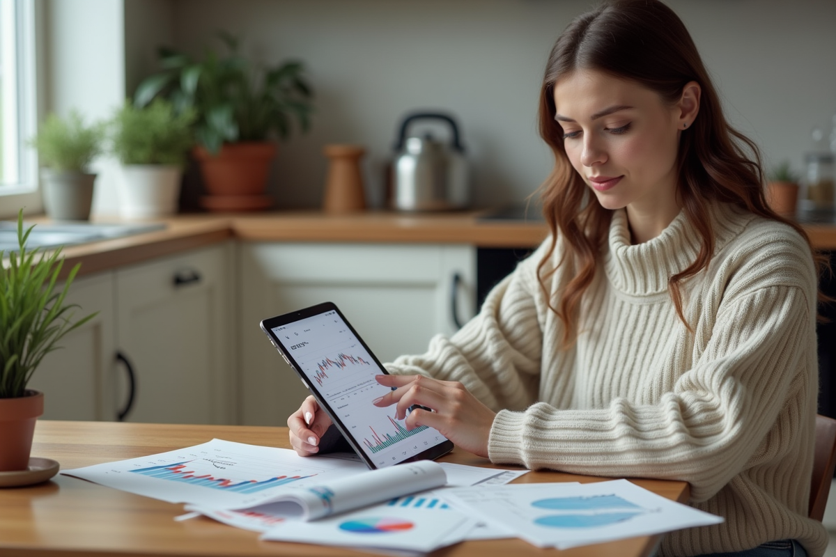 Jeune femme compare données boursieres et ETF sur tablette