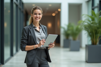 Femme professionnelle souriante dans un bureau moderne