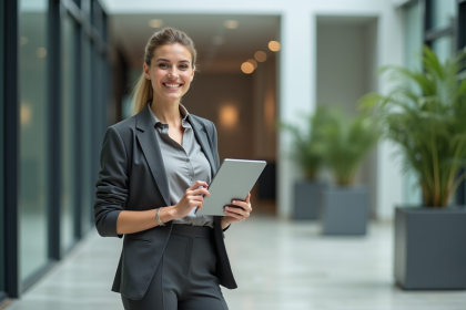 Femme professionnelle souriante dans un bureau moderne