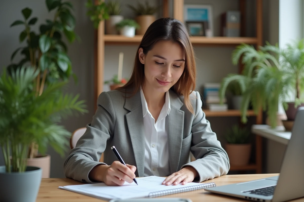 Jeune femme au bureau à domicile en train de lire un planner