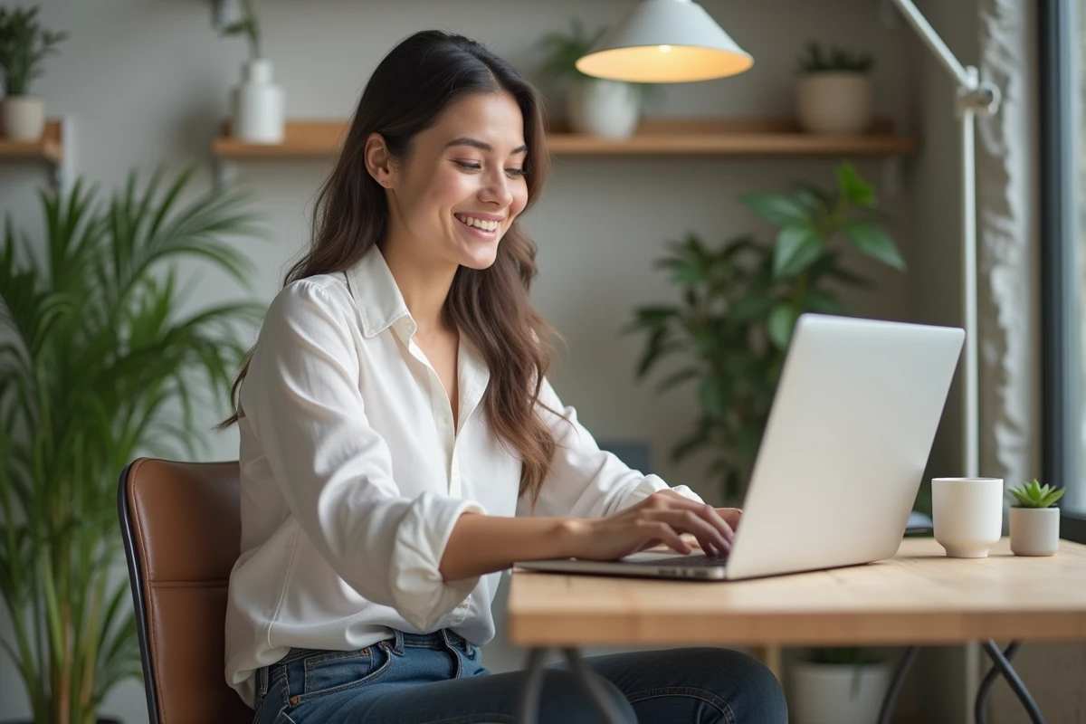 Jeune femme au bureau utilisant un ordinateur portable