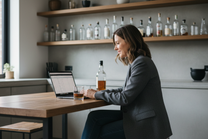Femme en blazer regardant son ordinateur avec whisky à côté