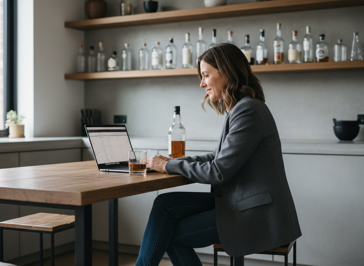 Femme en blazer regardant son ordinateur avec whisky à côté