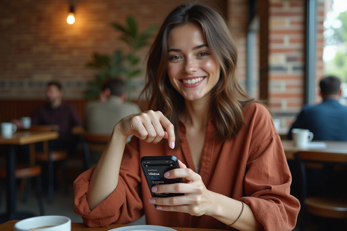 Femme dans un café souriant ironiquement en montrant les statistiques décevantes de son compte TikTok malgré un nombre élevé d'abonnés achetés