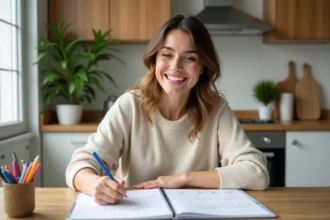 Femme souriante écrivant sur un calendrier 2026 dans la cuisine